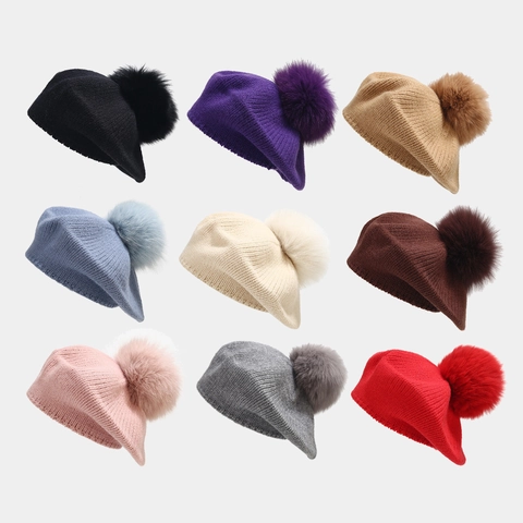 Basco In Maglia Da Donna Caldo Inverno All Aperto Berretto Pittore Con Pompon Acrilico