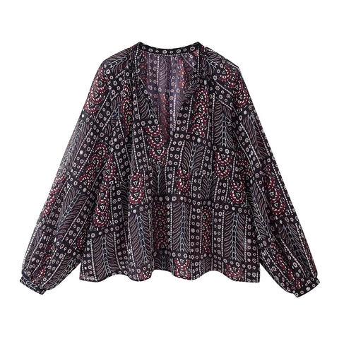Bohemian Paisley Print Blouse For Women V Neck Long Bubble Sleeve Loose Ethnic Chiffon Shirt Pullover Top