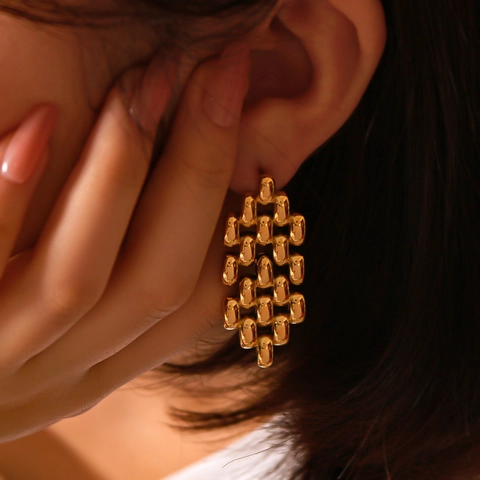 Geometric Mesh Link Stud Earrings For Women 18K Gold Plated Stainless Steel Hollow Niche Design Trendy Jewelry