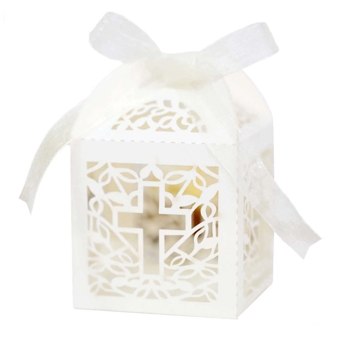 Scatola Regalo Caramelle Croce Svuotata Taglio Laser Carta Perla Artificialta Con Nastro Per Matrimonio Battesimo Festa