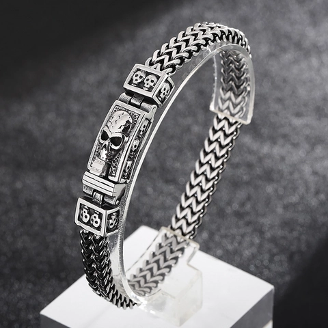 Men Stainless Steel Bracelet Retro Skull All-seeing Eye Double Row Weave Chain Gothic Punk Biker Jewelry