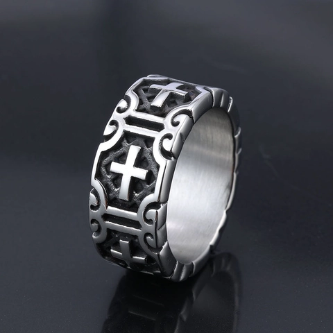 Anillo De Cruz Acero Inoxidable Banda Ancha Gótico Punk Vintage Religioso Relieve Joyería Para Hombre Mujer