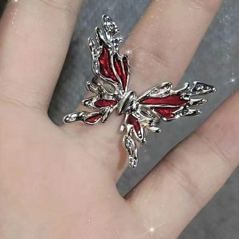Gotisch Kupfer Strass Offener Ring Für Damen Vintage Punk Flüssigmetall Schmetterling Spinne Kreuz Verstellbarer Fingerring Schmuck