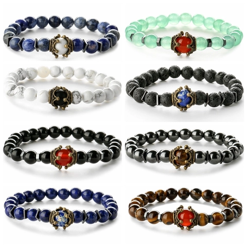 Bracciale Di Perle In Pietra Naturale Vintage Occhio Di Tigre Pietra Lavica Corona Elastico Gioielli Yoga Per Uomini Donne