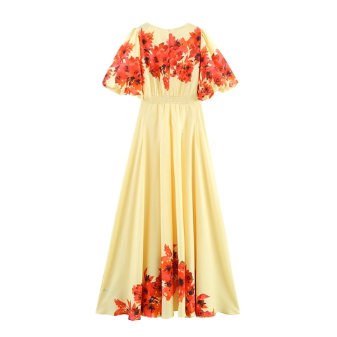 Women Floral Print Maxi Dress Elegant V Neck Short Sleeve High Waist Yellow Polyester Chiffon Style Vacation Long Dress