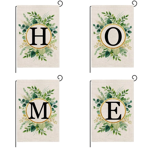 Garden Flag Decorative Double Sided Polyester Burlap Texture Eucalyptus Leaf Gold Ring Initial Letter Outdoor Yard Decor