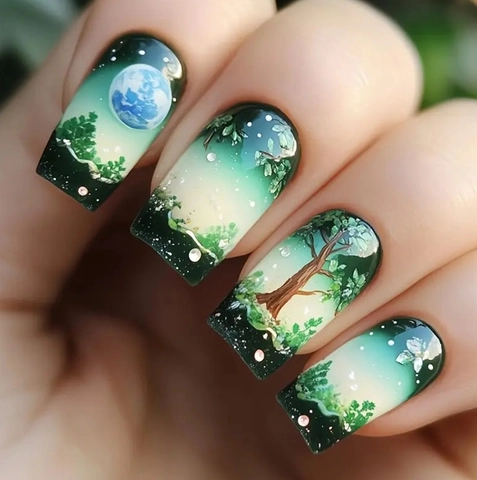 Press On Nails Green Forest Night Sky Starry Planet Tree Design Long Square Shape Gradient Art Artificial Fingernails