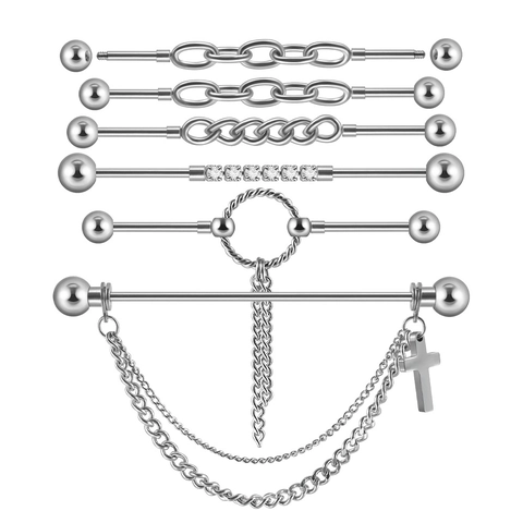 Stainless Steel Industrial Barbell Ear Piercing Jewelry With Cross Charm Double Chain Cubic Zirconia Punk Unisex Style