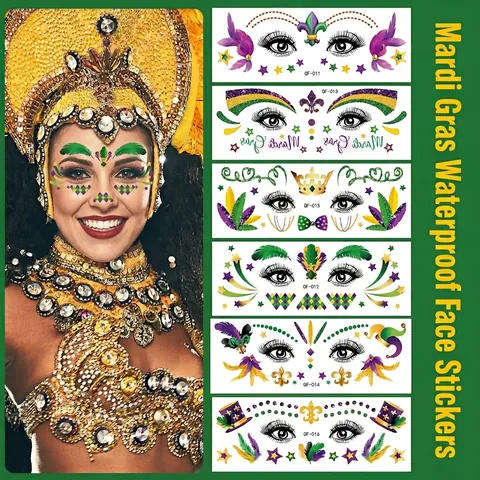 Tatuaggi Viso Mardi Gras Impermeabile Carnevale Accessori Mascherata Piuma Corona Design Arte Corporea Sfilata Festa