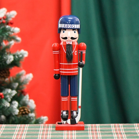 Wooden Nutcracker Soldier Figure Ice Hockey Player Athlete Helmet Hockey Stick Christmas Desktop Home Decoration Gift
