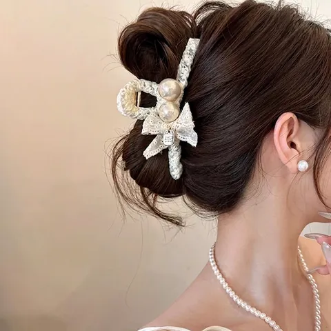 Elegant Lace Bowknot Hair Claw Clip With Large Faux Artificial Pearls Plastic Metal Shark Clip For Women French Style Hair Styling