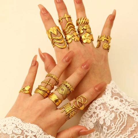18K Vergoldete Edelstahl Offene Ringe Für Frauen Irreguläre Minimalistische Verstellbare Boho Blume Welle Schmuck