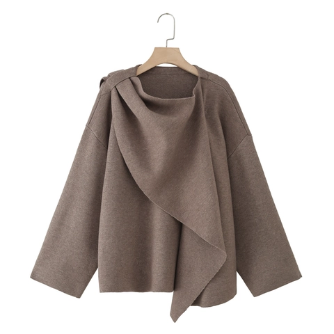 Women Knitted Coat With Scarf Collar Asymmetrical French Style Elegant Solid Color Long Sleeve Casual Outerwear Brown
