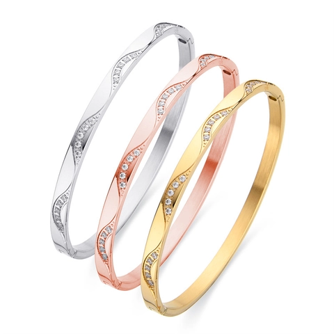 Brazalete De Ola De Acero Inoxidable Con Strass Bisagra Manguito Para Mujeres Joyería Geométrica Pulida