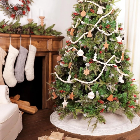 Christmas Tree Skirt Knitted White Cable Knit Diamond Pattern Decoration With Ties Closure