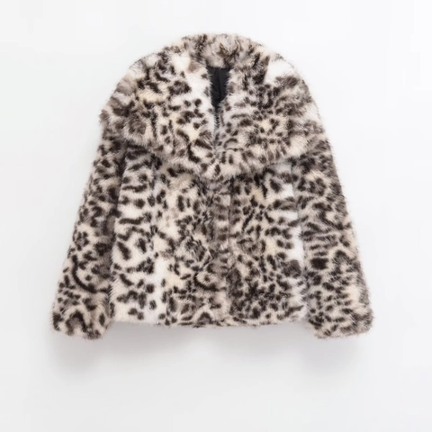 Women Faux Fur Jacket Lapel Collar Long Sleeve Short Coat Solid Leopard Print Elegant Warm Outwear