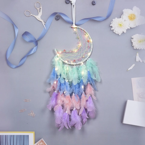 Atrapasueños Hecho A Mano Forma De Luna Con Plumas De Colores Y Luces LED Decoración De Pared Dormitorio