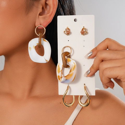 Geometric Heart Marble Acrylic Alloy Rhinestone Earrings With 925 Sterling Silver Earring Post Vintage Fashion Women