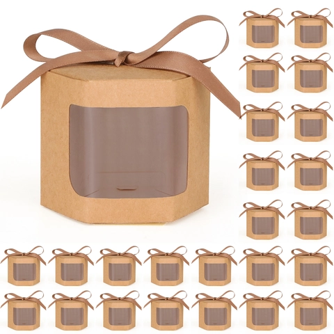 Hexagon Gift Box Laser Holographic Kraft Paper Candy Packaging With Transparent Window Ribbon Bow For Wedding Party