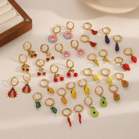 Fashion Fruit Hoop Earrings Stainless Steel Enamel Zircon Artificial Pearl With 925 Sterling Silver Earring Post For Women Colorful