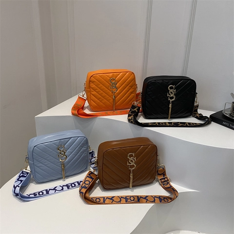 Quilted PU Leather Crossbody Bag With Metal Logo Tassel And Wide Patterned Shoulder Strap For Women