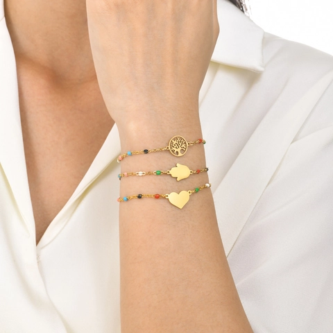 Edelstahl Gold Armband Für Damen Mit Hand Der Fatima Lebensbaum Herz Anhänger Bunte Perlen Bohemian Mode Schmuck