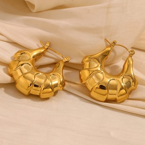 Croissant Hoop Oorbellen 18K Verguld 316L Roestvrij Staal Getextureerd Hol Geometrisch Frans Vintage Voor Dames