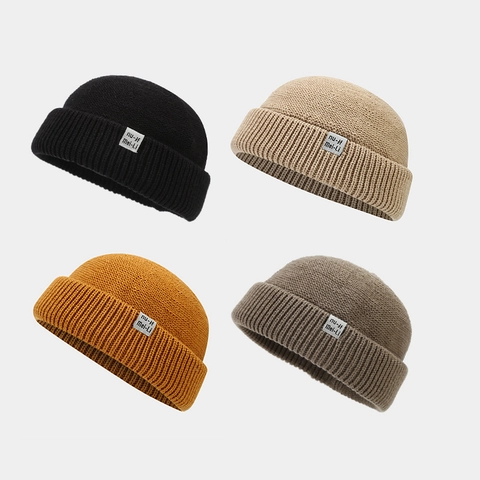 Retro Strick Miki Hut Randlose Schädelkappe Vintage Beanie Mit Buchstaben Patch Warme Winter Docker Mütze Für Herren Damen