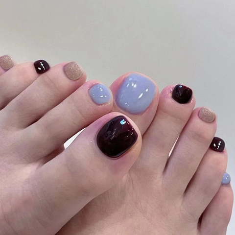 Uñas Postizas Para Pies Brillantes Color Sólido Patchwork Morado Negro Purpurina Cobertura Completa Para Mujeres