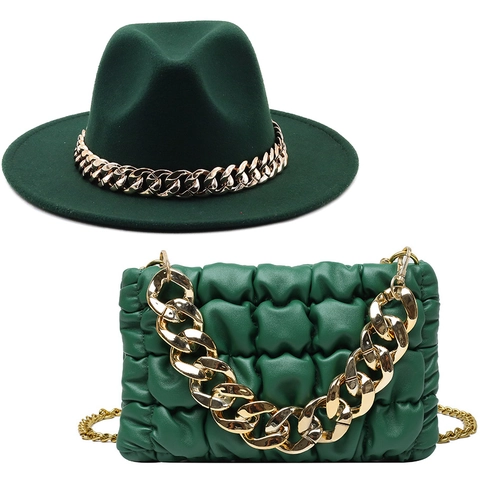 Dames Wollen Fedora Hoed Met Brede Rand En Gewatteerde PU Leren Schoudertas Met Dikke Ketting Decoratie Retro Luxe