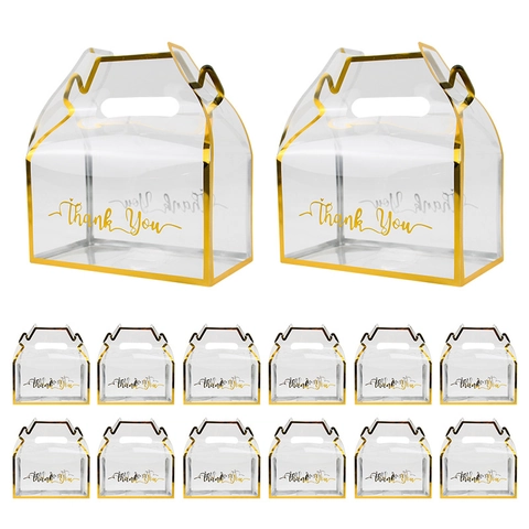 Transparent Gift Box With Gold Edges Portable Clear PVC Candy Packaging For Wedding Party Favors Elegant Thank You Print
