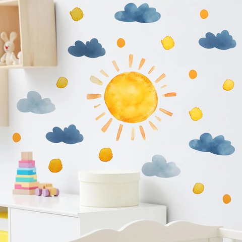 Autocollants Muraux Soleil Nuages Aquarelle PVC Peints À La Main Auto-Adhésifs Décoration Chambre Enfant Salle De Jeux