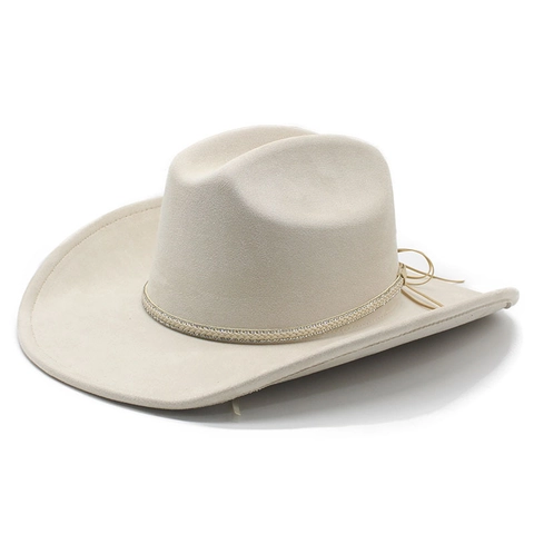 Cappello Da Cowboy Occidentale Scamosciato Tesa Larga Retro Corona Piatta Con Banda Intrecciata Strass Regolabile Protezione Solare