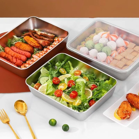 Stainless Steel Food Storage Containers With Clear Lids Airtight Stackable Refrigerator Organizer Bento Box Prep Tray