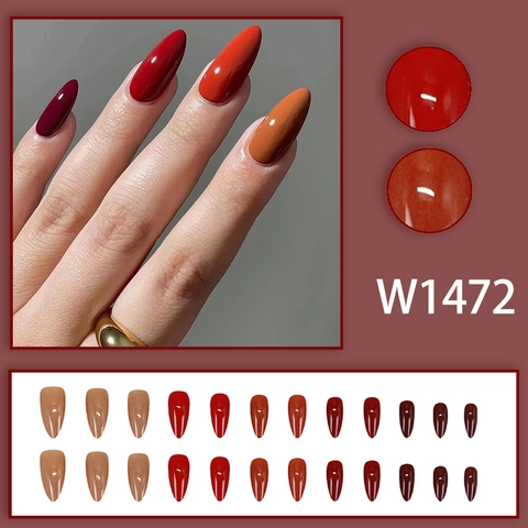 Long Almond Press On Nails Glossy Mixed Warm Colors Wine Red Nude Marble Pattern Elegant Manicure For Women