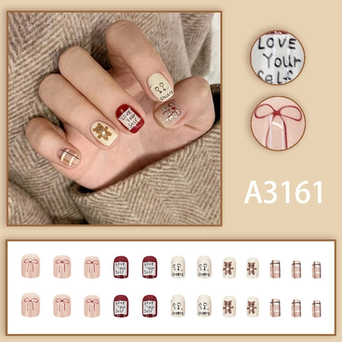 Press On Nails Short Square ABS Plastic Bear Bow Grid Design Cute Sweet Style For Women False Nail Tips