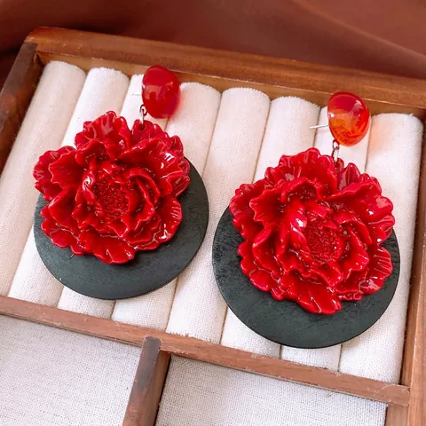 Boucles D'oreilles Pendantes Fleur De Pivoine Rouge Vintage Avec Base En Bois Et Tige En Argent Bijoux Style Ethnique Pour Femmes
