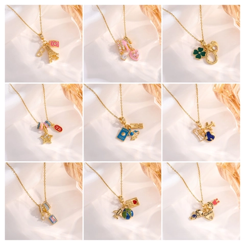 Stainless Steel Multi Pendant Necklace For Women Heart Airplane Camera Eiffel Tower Travel Theme Fashion Jewelry Gift