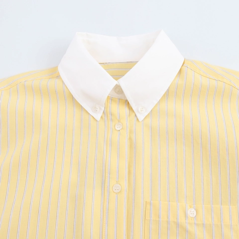 Women Casual Striped Button Up Shirt Long Sleeve Contrast White Collar Patchwork Oversized Blouse Top With Chest Pocket