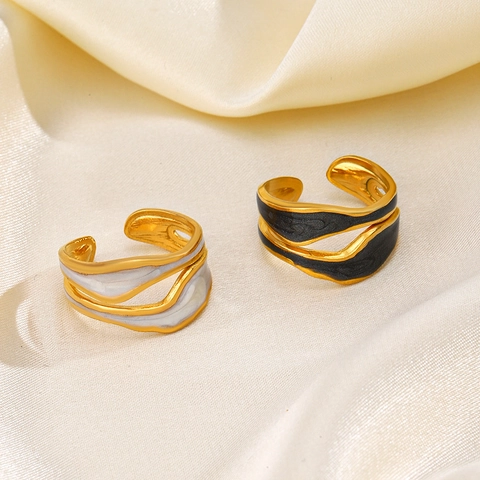 Irregular Wave Stainless Steel Ring For Women Gold Plated Enamel Drip Oil Open Adjustable Vintage Fashion Jewelry Gift