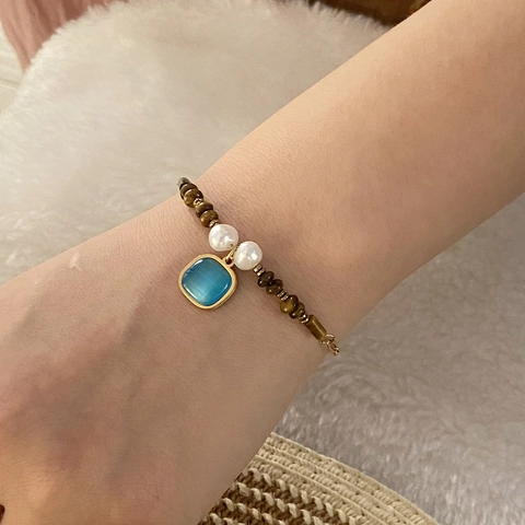 Tiger Eye Stone Beaded Bracelet Stainless Steel Heart Pendant Geometric Artificial Pearl Vintage Bohemian Style Jewelry Gift For Women