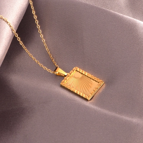 Sunburst Pendant Necklace Titanium Steel 18K Gold Plated Rectangle Card Relief Vintage French Style For Women