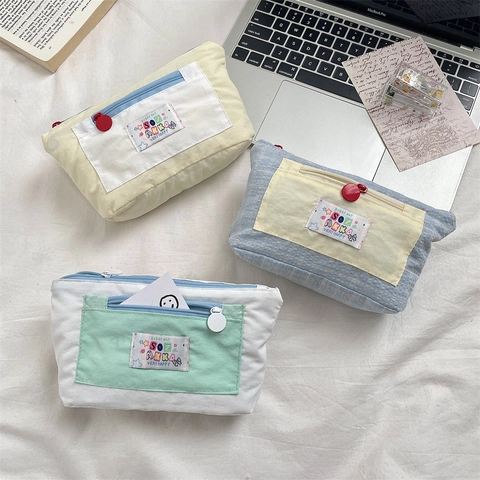 Astuccio Per Matite Grande Capacità Tela Poliestere Multistrato Borsa Cancelleria Kawaii Patchwork Per Studente Scuola