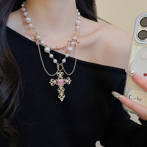 Kreuz Anhänger Halskette Legierung Mehrlagig Imitation Künstliche Perle Pinkes Herz Strass Gothic Y2K Vintage Schmuck Damen