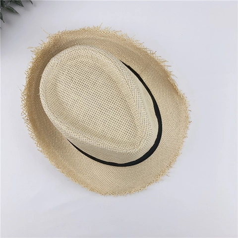 Fedora Straw Hat Frayed Edge Paper Summer Sun Beach Vacation Breathable Jazz Cap With Ribbon Band