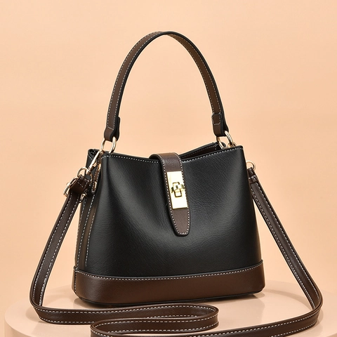 Women PU Leather Bucket Bag Patchwork Large Capacity Shoulder Bag With Metal Twist Lock Elegant Handheld Crossbody Bag
