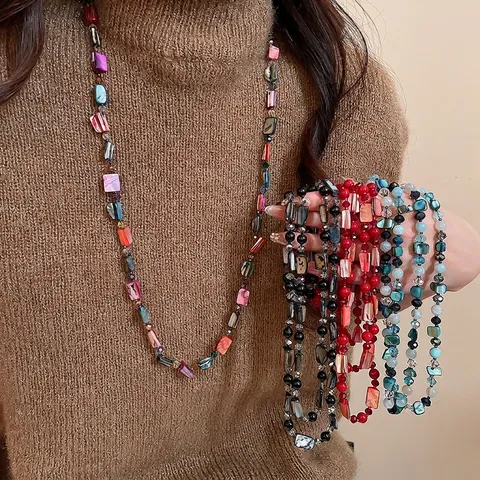 Collier Long Perles Bohème Coquillage Perles En Verre Chaîne De Pull Multicouche Bijoux Mode Pour Femmes