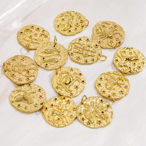 Colgantes De Signos Del Zodíaco Acero Inoxidable Chapado En Oro Martillado Moneda Irregular Circonita Colorida Estilo Retro