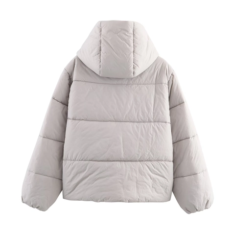 Damen Kapuzen Steppjacke Wasserdicht Dick Polyester Wattiert Mantel Lässige Streetwear Oberbekleidung Hellgrau Reißverschluss