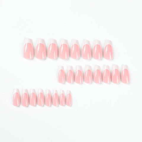 Elegant Long Coffin French Tip Press On Nails Pink White False Nails For Women Simple Stylish Manicure Extension For Daily Decoration